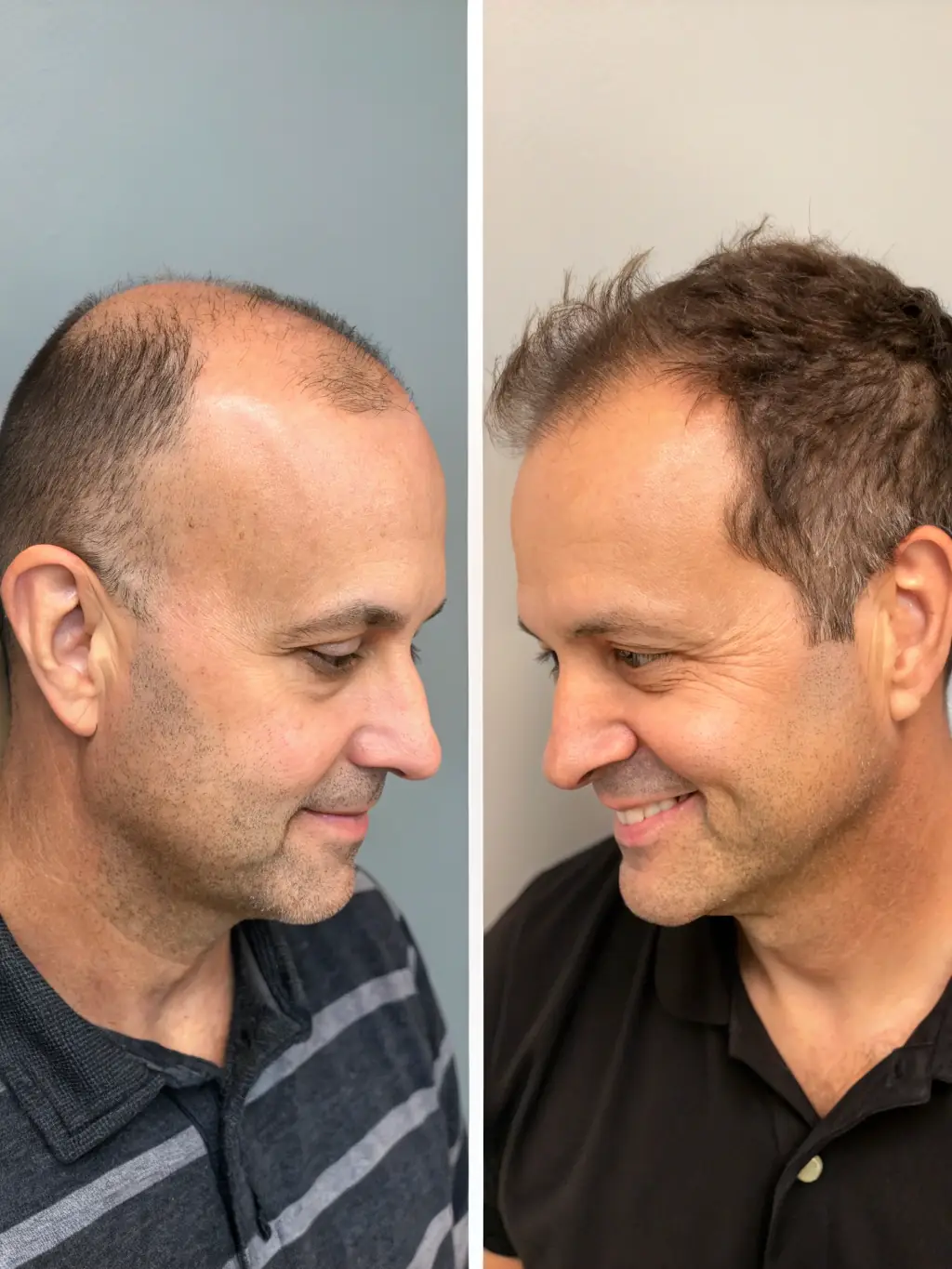 A before-and-after photo showcasing the dramatic transformation achieved with non-surgical hair replacement at The Collective Salon, emphasizing the confidence boost it provides.