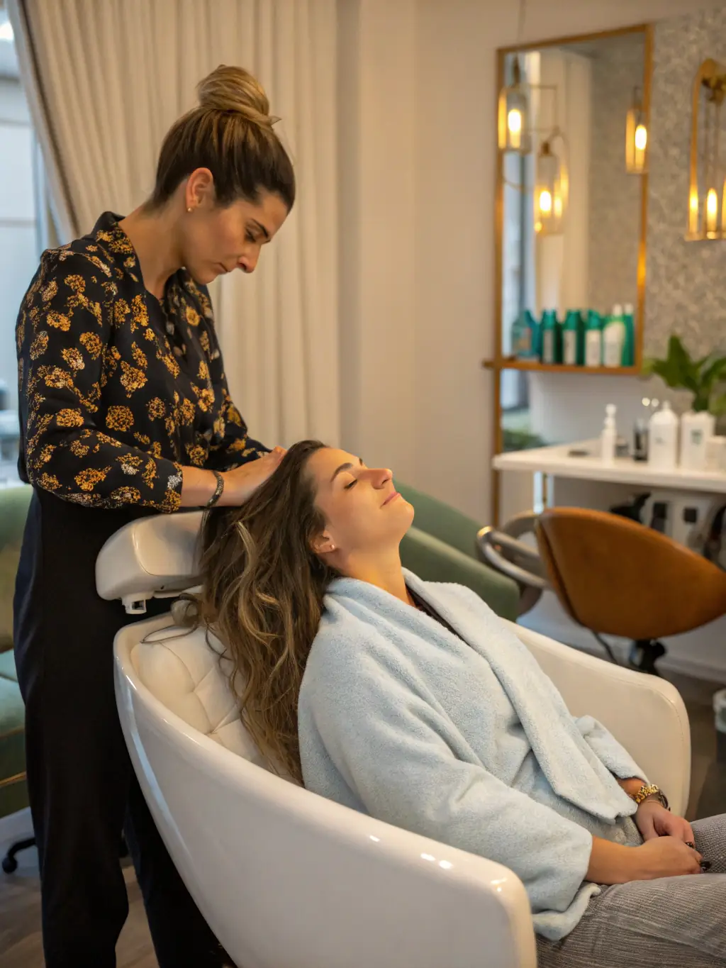 A woman relaxing in a salon chair, receiving a hair replacement service in a luxurious and comfortable setting at The Collective Salon.