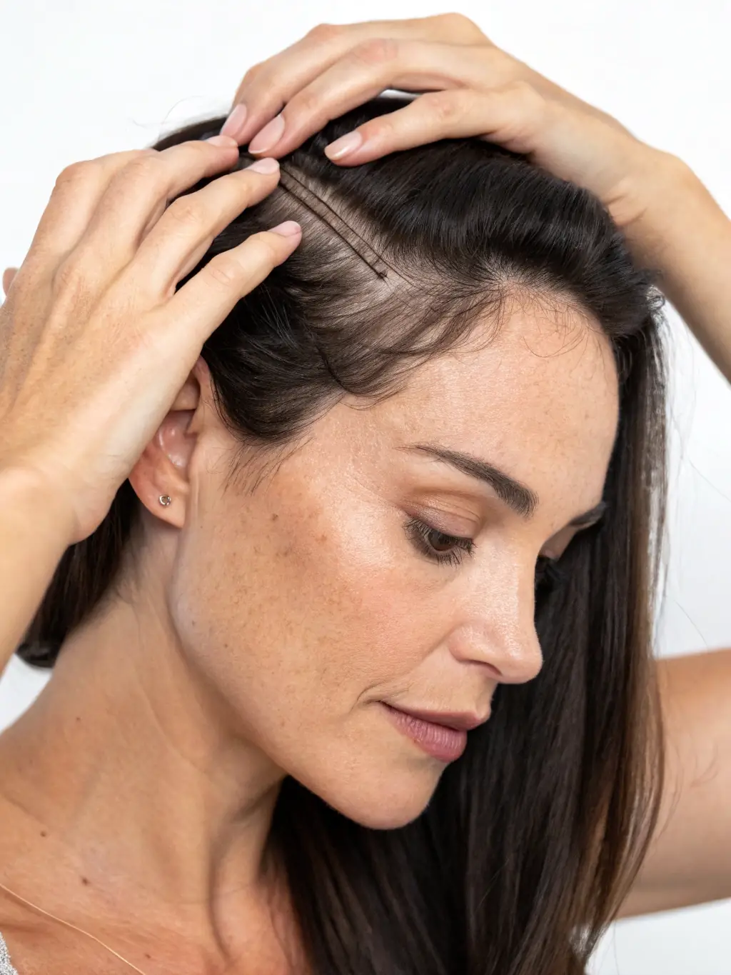 A stylist at The Collective Salon carefully applying a hair topper to a client, demonstrating the precision and artistry involved in the process.